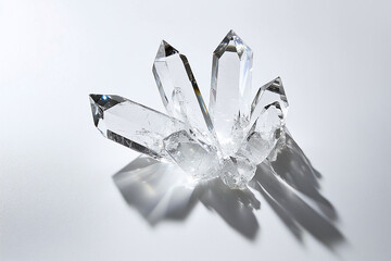 a cluster of clear quartz crystals on a pristine white backdrop, showcasing their natural brilliance and clarity
