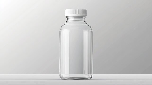 A realistic vector mockup of a clear empty glass bottle with a white plastic screw cap, set against a transparent background