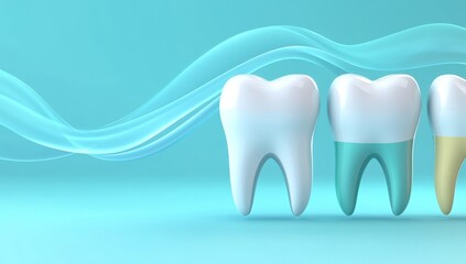 three teeth: one is clean and white with swirling energy around it; the second tooth has some yellowing