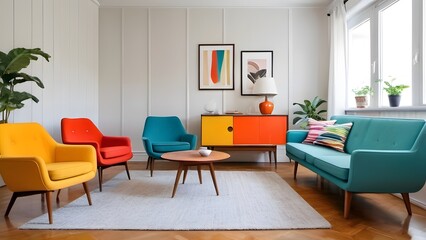 Fototapeta premium Scandinavian interior design from the mid-century, with vibrant rainbow furniture in a modern living room.