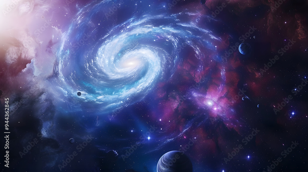 Canvas Prints a colorful spiral of clouds and planets in space.