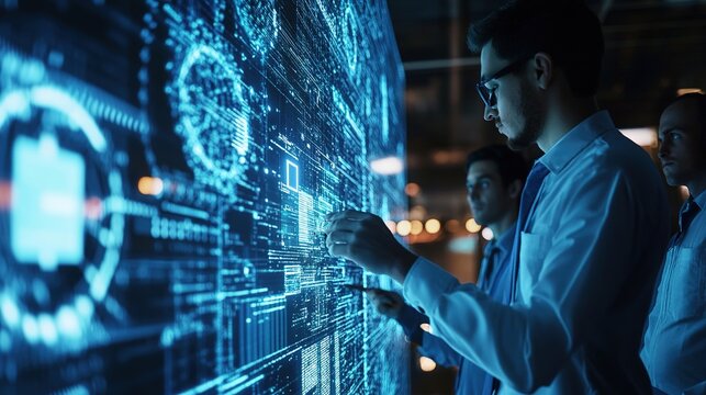 A team of engineers working on 5G network deployment, monitoring signal strength and data flow.
