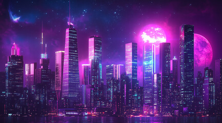 Fototapeta premium Futuristic Cityscape at Night with Neon Lights