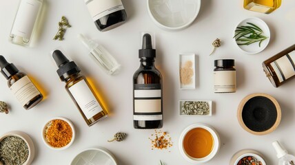 Flat Lay of Natural Skincare Products and Ingredients on White Surface