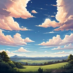 Anime style attractive bright charming sky background with some white clouds and natural view, Summer and Spring blue sky with fluffy white clouds in the wind