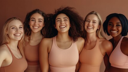 Obraz premium Five diverse women smiling confidently together in matching casual outfits against a warm, earthy backdrop during daylight
