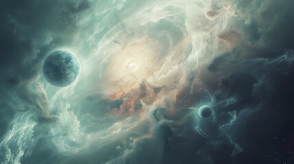 A space scene with two planets and a sun