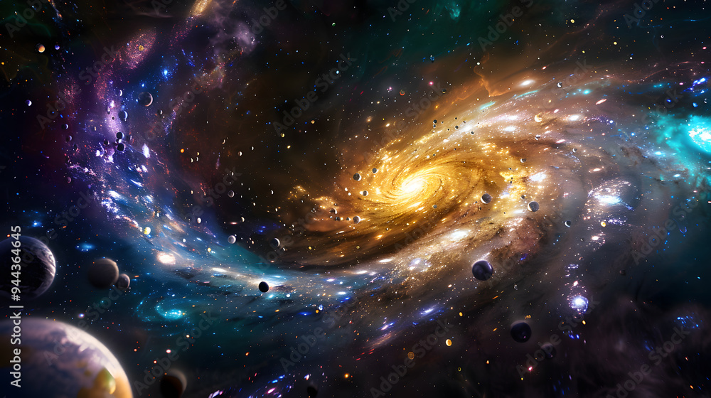 Wall mural a colorful space scene with two black holes in the center.