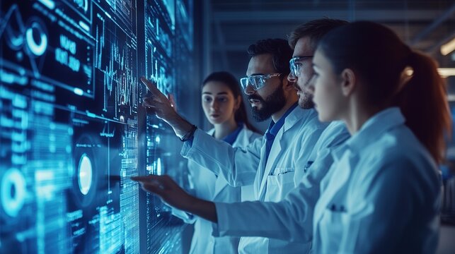 A team of AI researchers working on advanced systems, analyzing data and refining algorithms.