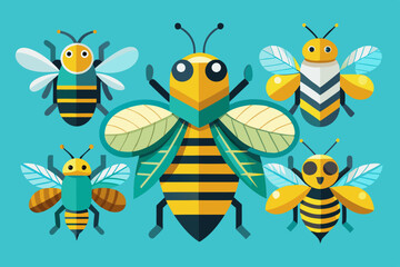 A collection of stylized bee illustrations in a modern flat design, perfect for educational and decorative use
