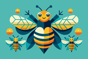 A collection of stylized bee illustrations in a modern flat design, perfect for educational and decorative use
