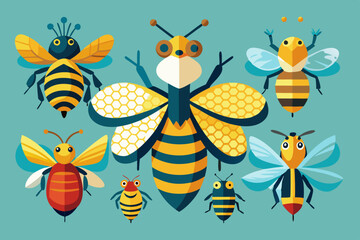 Obraz premium A collection of stylized bee illustrations in a modern flat design, perfect for educational and decorative use 