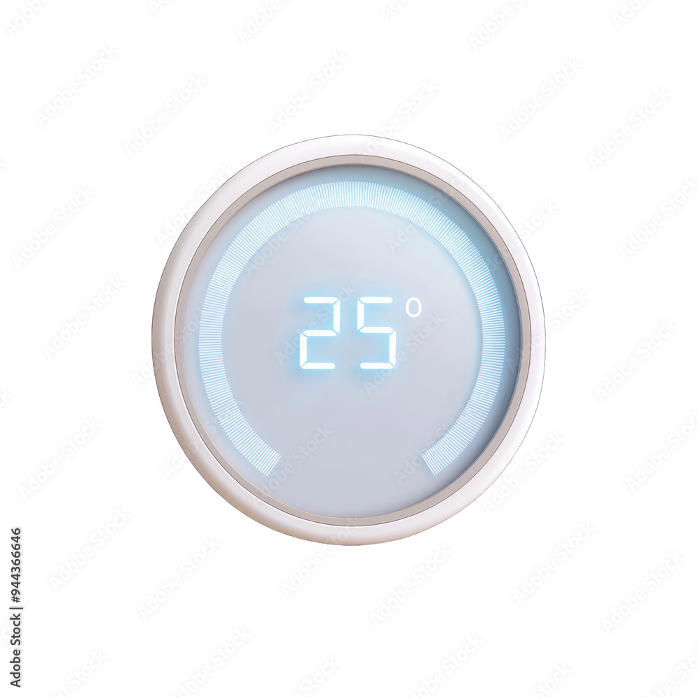 Poster modern digital thermostat displaying temperature at 25 degrees celsius, designed for efficient home 