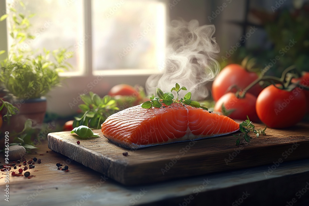 Wall mural a photorealistic image of a steaming piece of salmon on an old wooden board