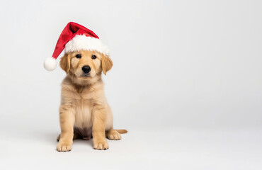 Golden retriever puppy wearing a Santa hat sitting against a plain white background, creating a festive and adorable holiday scene