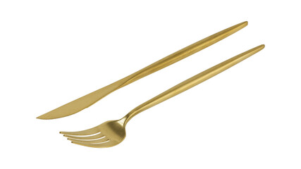 Matte golden color fork and knife isolated on white background.