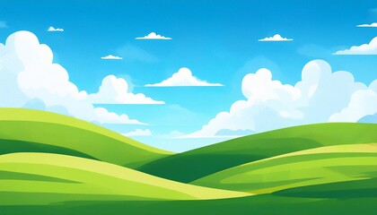 summer fields hills landscape green grass blue sky with clouds flat style cartoon painting illustration generative ai