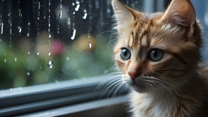 A tiny, forlorn kitten gazes out the window at the rain, its sad expression mirroring the dreary weather outside. The image is rendered in a soft, watercolor style, with muted tones and delicate brush