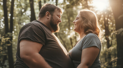 Fototapeta premium Overweight couple smiling warmly at each other during a tender moment outdoors in a sunlit forest, creating a romantic and serene atmosphere