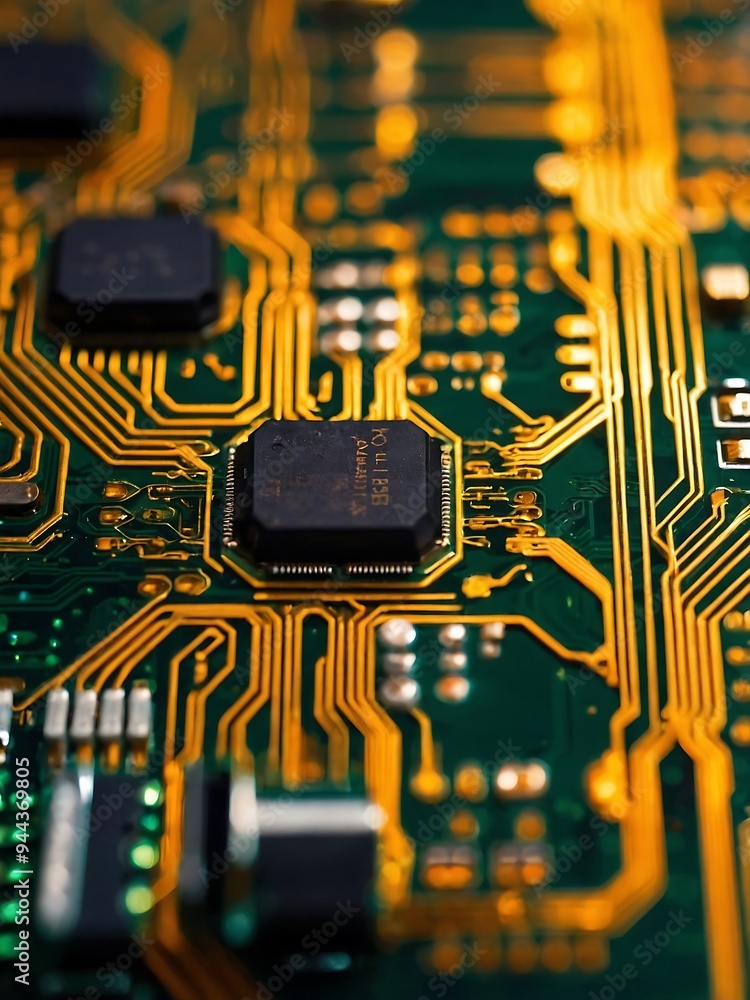 Poster close-up of a circuit board with golden filaments and particles, offering an intricate technological