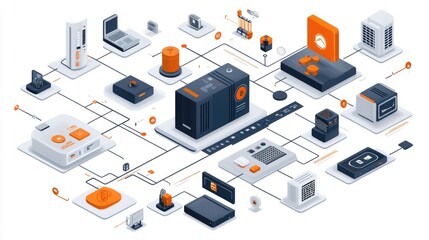 Obraz premium Data Center Network Infrastructure with Connected Devices and Cloud Computing Icons