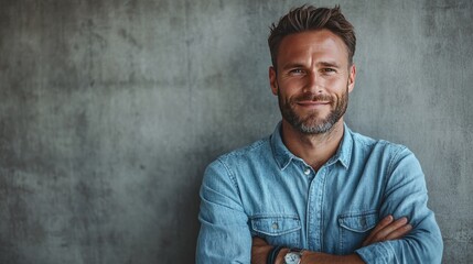 Obraz premium Confident Young Man in Denim Shirt Smiling Against Concrete Wall