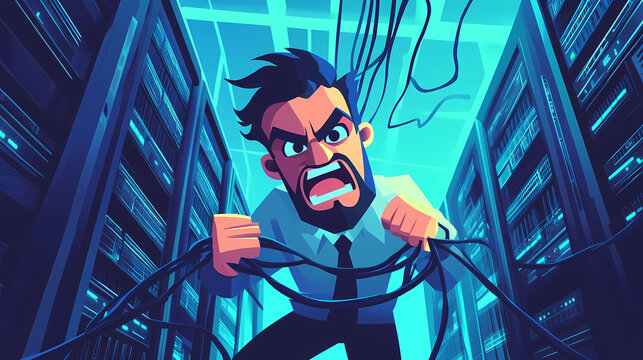 Angry system administrator in a data center struggling with tangled cables, expressing frustration in a chaotic server room, cartoon style illustration depicting IT problems and stress