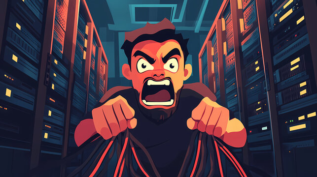 Angry system administrator in a data center struggling with tangled cables, expressing frustration in a chaotic server room, cartoon style illustration depicting IT problems and stress