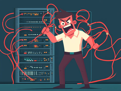 Angry system administrator in a data center struggling with tangled cables, expressing frustration in a chaotic server room, cartoon style illustration depicting IT problems and stress