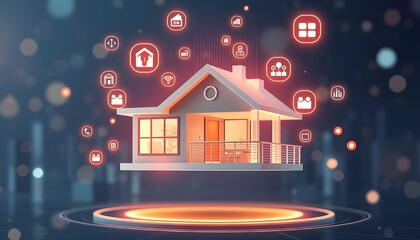 Smart home with flying blue icons with well furniture and hologram innovation technology. All devices and appliances are connected with internet concept.