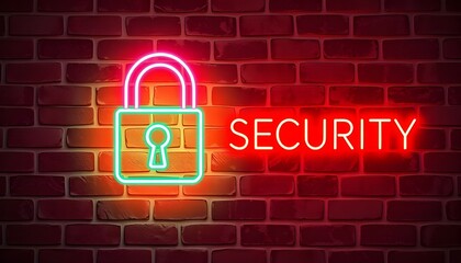 Digital neon lock with glowing security calligraphy on brick wall and innovation technology. Concept of protect data and  service technology from hackers.