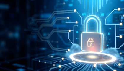 Neon padlock connected with lines with digital cyber security icons and blue innovation technology. Concept of protection alert and network communication technology from hackers.
