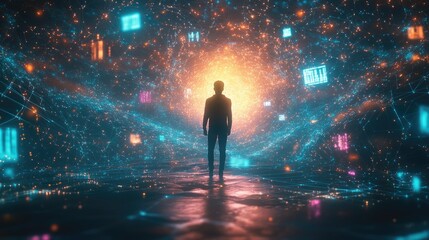Silhouette of Man in Futuristic Digital Tunnel Surrounded by Data and Network Connections