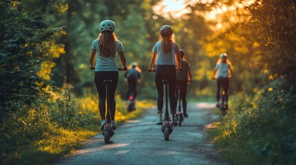 Obraz premium Outdoor Adventure: Women Riding Electric Scooters through Scenic Park during Golden Hour