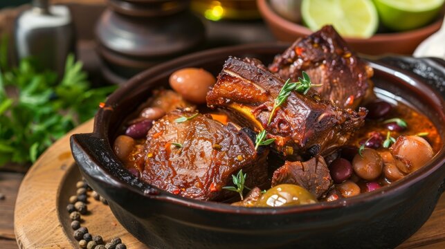 The national cuisine of Cuba. Cuban meat with beans.
