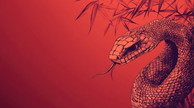 Detailed Illustration of Snake with Bamboo on Red Background