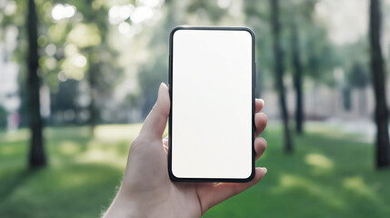 Hand holding a smartphone with a blank screen in an outdoor park setting, with blurred greenery in the background. The image highlights technology and connectivity in a natural environment