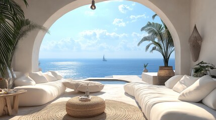Obraz premium Sea view Beach luxury living - Santorini island style - 3D rendering 