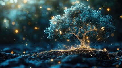 Obraz premium Digital Transformation of Nature: Illuminated Tree with Futuristic Network Connections