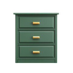 Stylish green nightstand with three drawers and gold handles, perfect for modern bedroom decor. transparent background