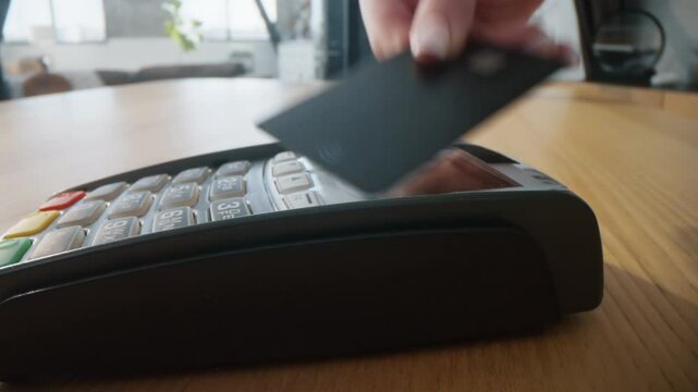 Woman hands pay card contactless in shop closeup. Unknown lady using terminal