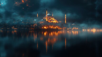 Mosque and Water Reflection at Night