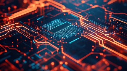 Neon Glowing Futuristic Digital Circuit Board Blueprint - Hyper-realistic and Intricate Technology Background