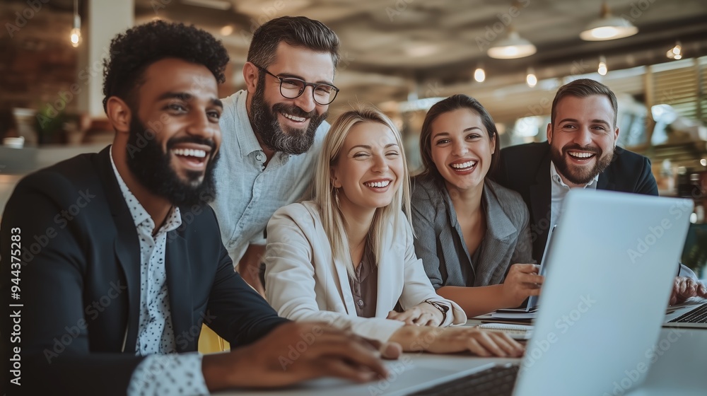 Poster team of diverse professionals collaborating and smiling around a laptop in a modern office setting d