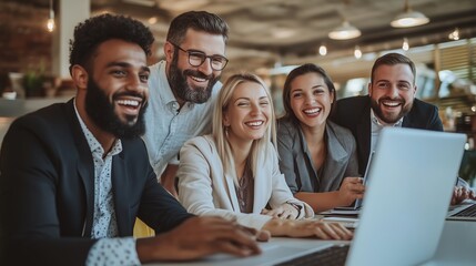 Team of diverse professionals collaborating and smiling around a laptop in a modern office setting during a brainstorming session