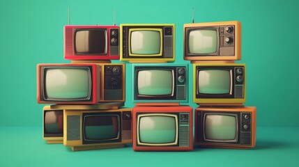 Vintage television concept. Stack of retro tv set on green background. 3d 