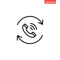 Black single call back line icon, simple recall support flat design pictogram vector for app logo ads web webpage button ui ux interface elements isolated on white background