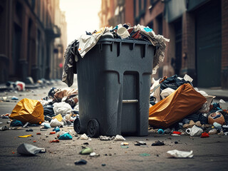 Overflowing trash garbage container. Rubbish sorting and recycling.