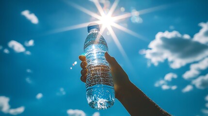 Hand holding a water bottle against a bright blue sky with sun shining.