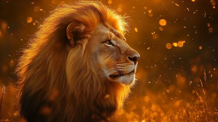 Fototapeta premium Golden sunlight highlighting a majestic lion portrait perfect for stunning and detailed wildlife-themed photos
